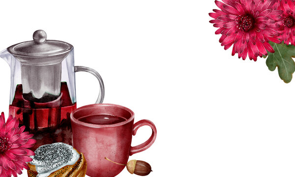 Watercolor hand-drawn banner with tea pot, cup, pastry and red chrysanthemum flowers on white background. Cozy autumn frame illustration perfect for postcards, invitations, business cards and decor.