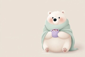 Cute polar bear wrapped in a cozy blanket enjoys a warm drink on a calm winter day indoors