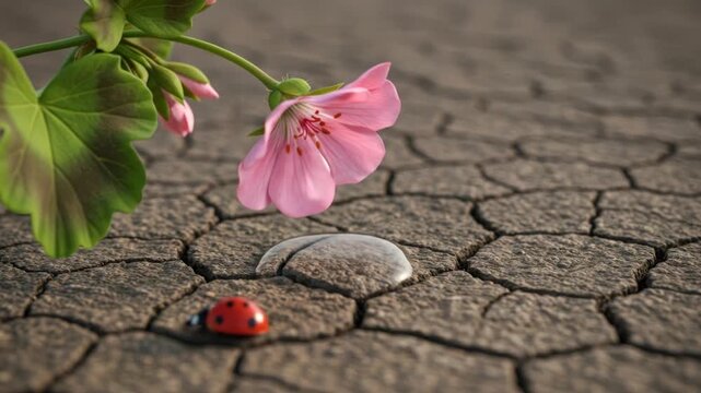 Pink flower and ladybug on cracked ground with green leaves and sunlight