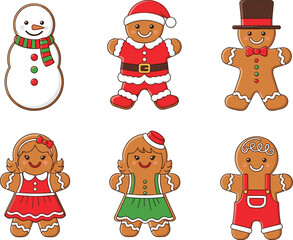 Cartoon gingerbread characters and snowman in festive outfits, Christmas vector for holiday decoration, seasonal celebration, greeting card, and design