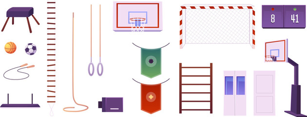 A set of equipment, tools for a school gym, gate, ball, rings, rope, door, horse, scoreboard.