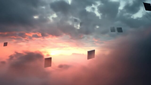 Abstract scene of floating cube shapes in a cloudy sunset sky