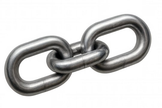 Close-up of two interlocking metal chain links on a transparent background, representing concepts of strength, security, and connection