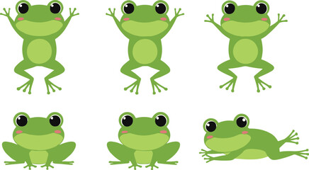 Cartoon frogs in multiple poses, playful green amphibian character illustration for children’s design, nature education, animation, and creative content themes