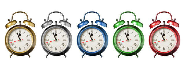 Collection of classic retro alarm clocks in gold, silver, blue, green, and red colors isolated on...