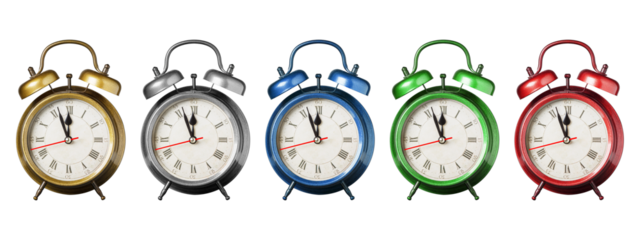 Collection of classic retro alarm clocks in gold, silver, blue, green, and red colors isolated on white background