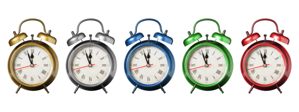 Collection of classic retro alarm clocks in gold, silver, blue, green, and red colors isolated on white background