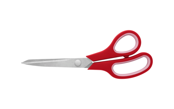 A pair of Red handled scissors in closed position on a white background, featuring sharp stainless steel blades and ergonomic grips. Ideal for office or craft use with clean, isolated design.