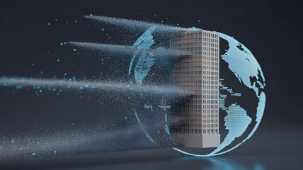 A 3D rendering of an office building dissolving into a cloud of data particles that flow to different locations around a globe