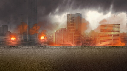 Cityscape on fire and in ruins. Damaged buildings, smoke, and fire against a dark sky. The dramatic...
