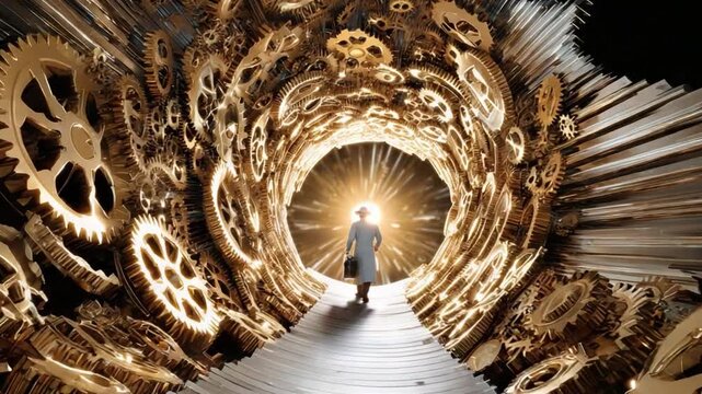 Journey Through Time: A silhouette of a man ventures towards the radiant light, navigating a tunnel constructed of intricate clockwork gears.