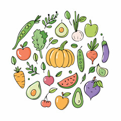 Spring and summer fruit and vegetable element set, vector illustration