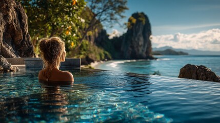 Fototapeta premium Tranquil Poolside Retreat with Scenic Ocean View and Lush Nature Surroundings