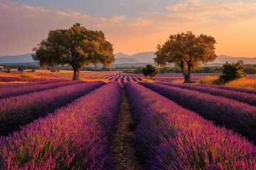 Obraz premium Lavender field at sunset with trees in Provence, landscape photography