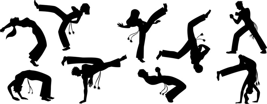 Young people doing capoeira acrobatic exercise, Brazilian Capoeira dance and fight sport flat characters vector set
