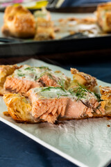 Puff pastry and salmon roll. Baked salmon in dough. Diet. Food concept