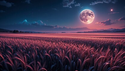 Vibrant purple wheat field at night illuminated by a large enchanting full moon. A fantasy landscape with a dramatic, surreal sky and distant hills
