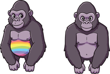 Cartoon gorillas with natural and rainbow colors, colorful animal vector illustration, playful wildlife character design for children, fantasy stock art