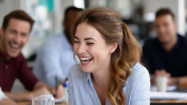 Shared Laughter in the Office: A candid moment of shared mirth, as a woman's infectious smile illuminates a team meeting, radiating positivity and collaboration.