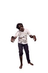 Portrait of an Indonesian southeast asian scary male zombie with a wound and blood on the body isolated over a white background. Spooky expression. Concept of Halloween or Horror