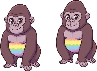 Cartoon gorillas with rainbow chest, colorful animal vector illustration, playful wildlife character design for children, fantasy stock art content