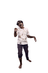 Portrait of an Indonesian southeast asian scary male zombie with a wound and blood on the body isolated over a white background. Spooky expression. Concept of Halloween or Horror