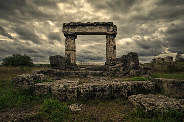 Classic Architectural Columns And Sculptures Representing Heritage And Endangered Peoples In Dramatic Light Generative AI Image