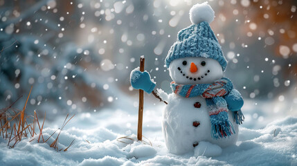 Obraz premium Cute snowman with blue hat and scarf standing in snowy winter Christmas landscape