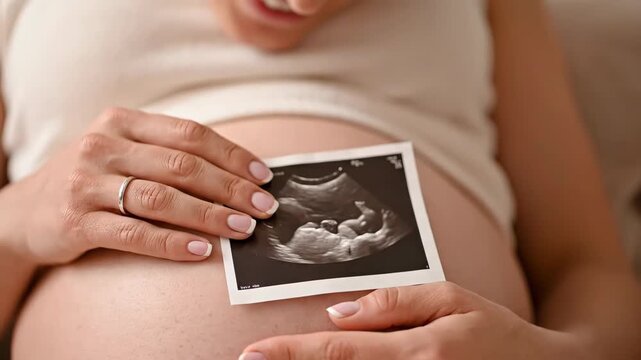 Pregnant Woman Holds Ultrasound Picture of Her Baby on Her Belly During the Day
