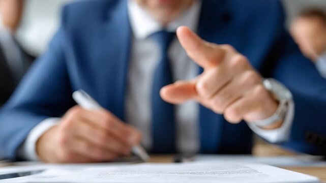 Negotiation: A professional gesture of a man in a suit pointing his finger over a contract during the signing process. Illustrating a business negotiation