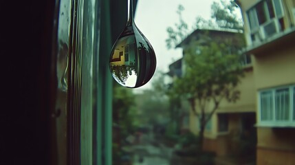 Raindrop on a window reflecting the outside world on a rainy day