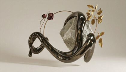 Minimal Nature and Metallic Abstract Sculpture on Beige Background