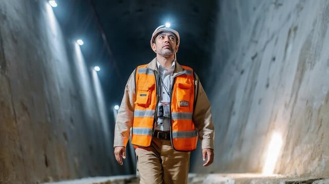 Tunnel Vision: An engineer, clad in safety gear and a hard hat, stands confidently within a meticulously engineered tunnel. Highlighting the dedication and precision of modern infrastructure.
