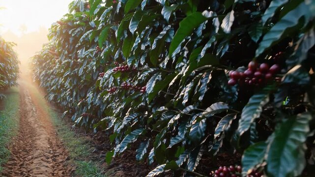 coffee plantation row sunlight morning. Lush coffee crop plantation bushes. Farm path winds soil between row. Harvest ready ruby cherries signal agriculture growth. Soft morning sun creates glow.