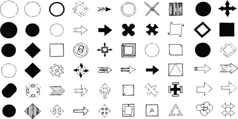 Abstract representation of black shapes on white surface with circular and rounded forms