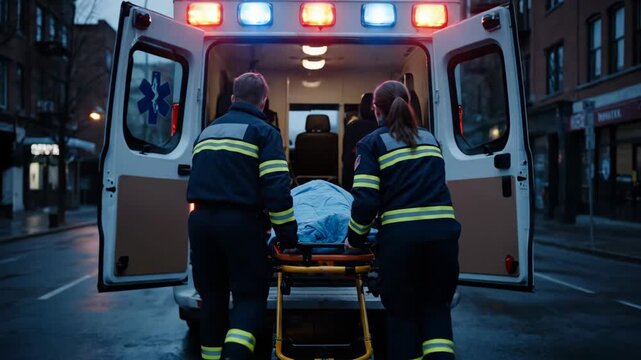 Emergency Medical Technicians Take Patient to Ambulance in New York City