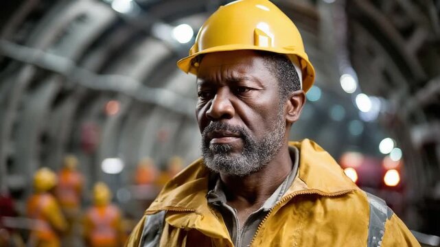 The Steadfast Constructor: A construction worker, in a yellow helmet, stands in the center of a tunnel, his face reveals the intensity of his work. capturing a scene of work with diligence.