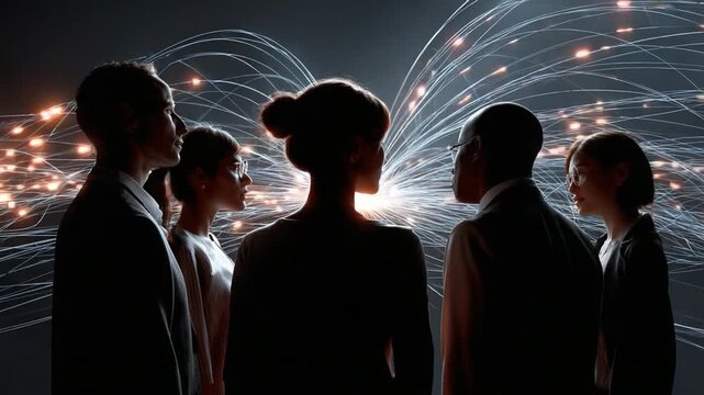Networking: A group of silhouettes stand in a dynamic scene of interconnection and business relations, illuminated by a network of glowing fiber optic lines. It's a metaphor of teamwork.
