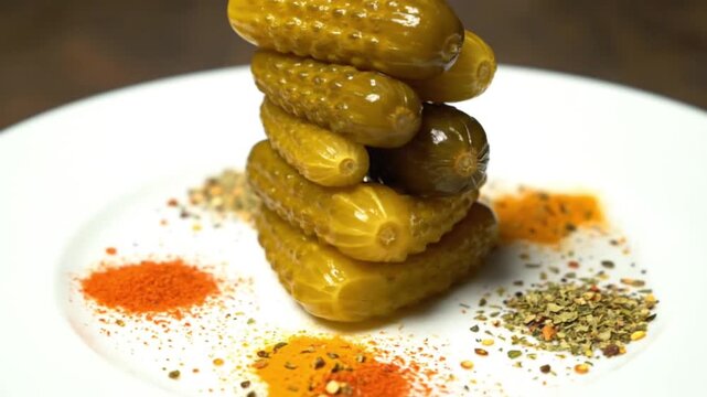 Close-up shot of a stack of pickles on a white plate with spices around them.