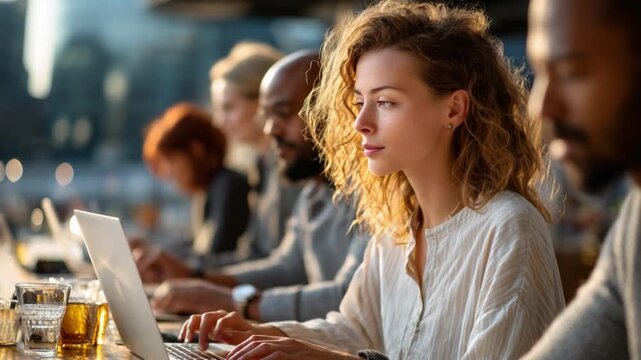 Collaborative Workspace: A diverse group of professionals engrossed in their tasks, united in a shared workspace, illuminated by a soft, inviting glow.