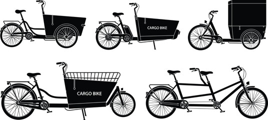 Black silhouette vector illustration, cargo bike, box bike, delivery tricycle, tandem cargo bicycle, urban transport, eco mobility, cycling clipart, line art