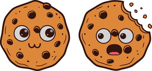 Cute chocolate chip cookies with expressive cartoon faces and one cookie with a bite taken out.