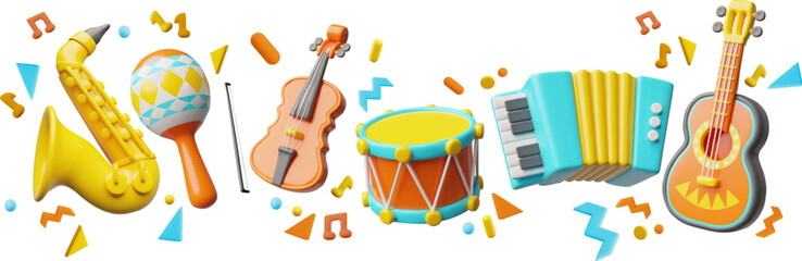 Acoustic guitar, violin, accordion, drum, maracas and saxophone, vector 3D realistic music instruments, music festival © sabelskaya