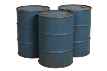 Blue industrial oil drums holding liquid fuel or chemicals, rusty metal barrels on transparent background