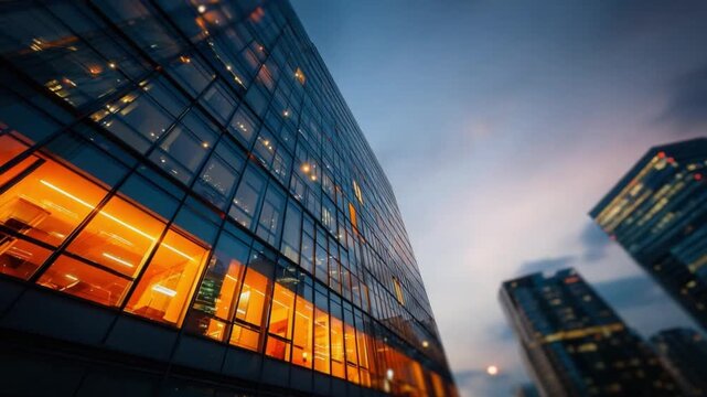 Skyscrapers Reflecting the Evening Sky: The sleek, modern design of glass skyscrapers pierces the sky, illuminated by a golden light as the sun sets. Capturing the essence of ambition, innovation.