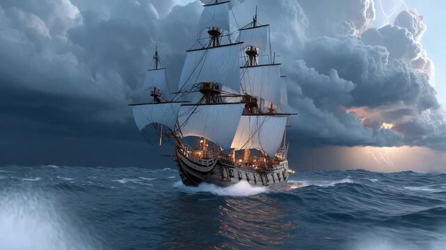 Sailing Vessel Navigating Stormy Sea: A majestic sailing vessel fearlessly cuts through the turbulent waters of a stormy sea, its sails billowing against a dramatic sky.