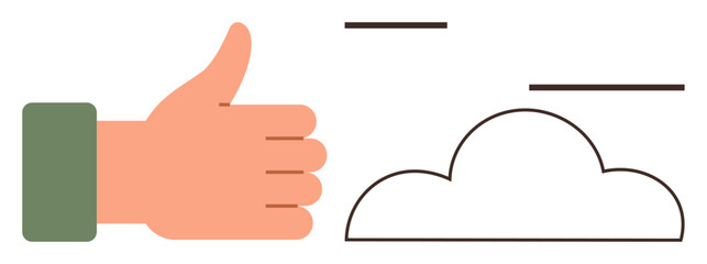 Hand giving thumbs-up near cloud with minimal lines ideal for approval, positivity, agreement, communication, cloud computing, motivation, teamwork. Simple flat metaphor