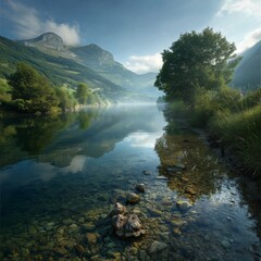 Photo of mountain lake under morning mist studio lighting cal