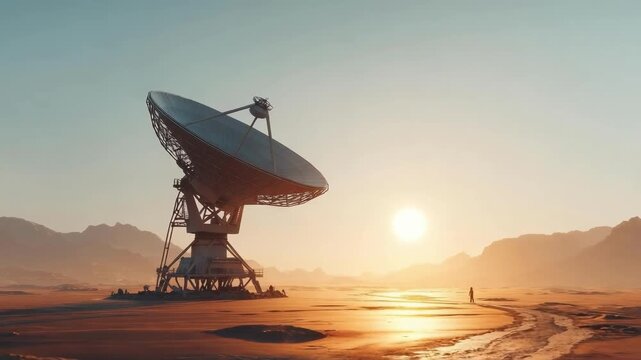 A large radio telescope dish on a sandy desert at sunset, with distant mountains on the horizon.