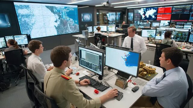 Data Analysts' Hub: A focused team collaborates within a high-tech environment, monitoring complex data streams and strategic displays. The atmosphere embodies precision, intellect. - Powered by Adobe